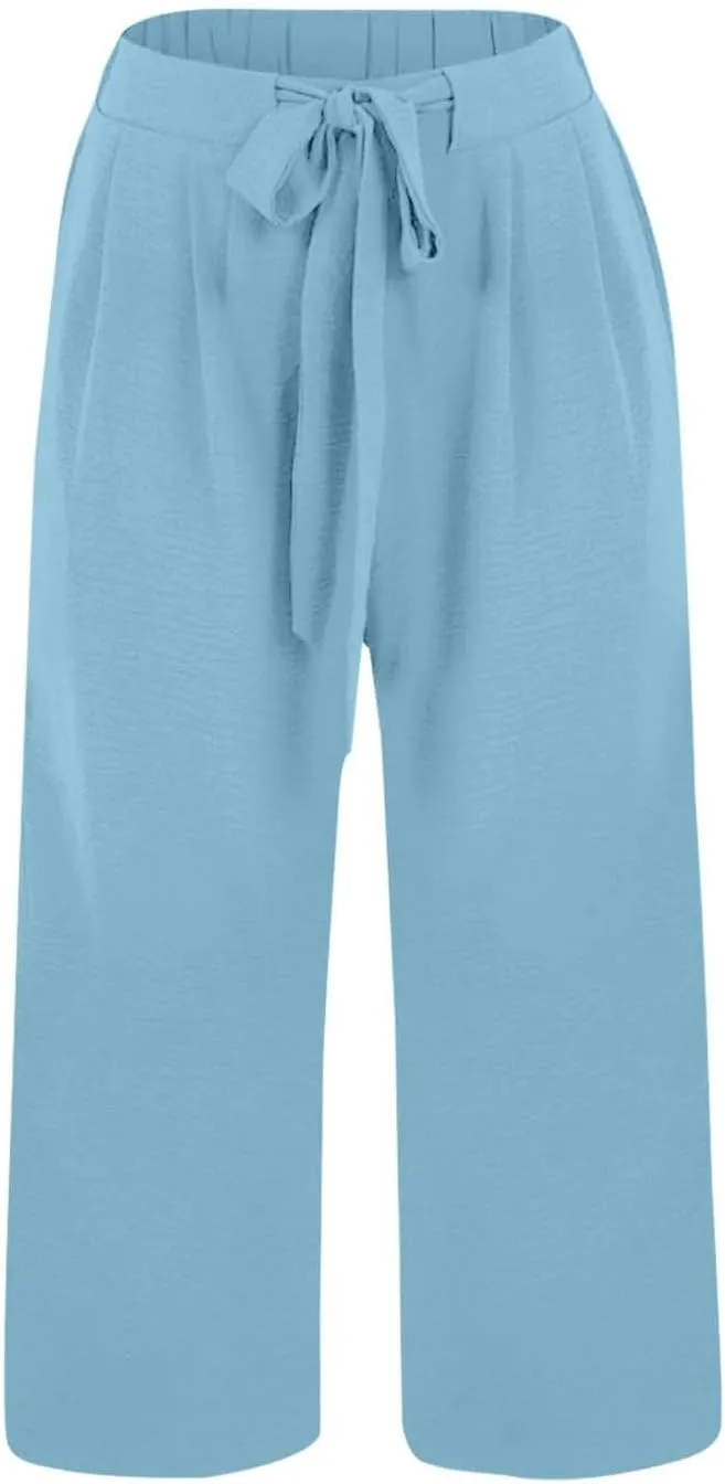 Flowy Linen Cropped Pants Women Beach Wide Leg Tie Knot Palazzo Pants Summer Dressy Business High Waisted 3/4 Trouser