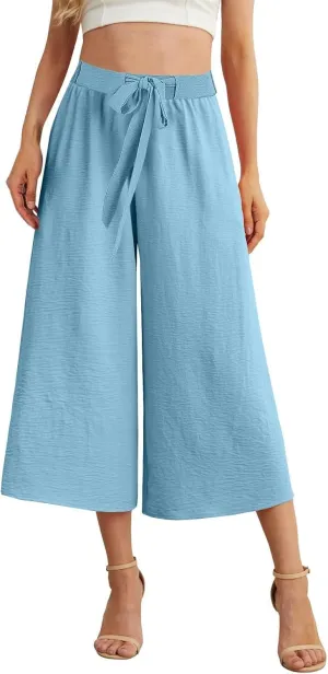 Flowy Linen Cropped Pants Women Beach Wide Leg Tie Knot Palazzo Pants Summer Dressy Business High Waisted 3/4 Trouser
