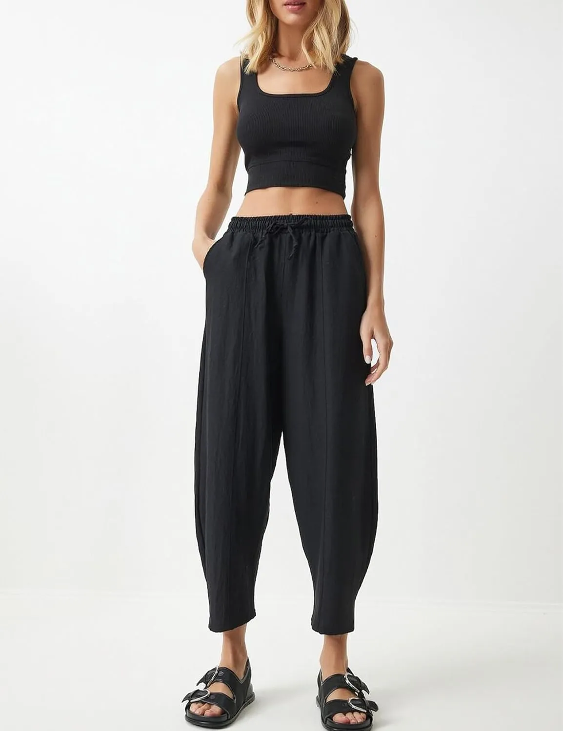 Flygo Women's Wide Leg Baggy Pants Casual Elastic High Waisted Palazzo Harem Slacks Ankle Length Loose Trousers with Pockets
