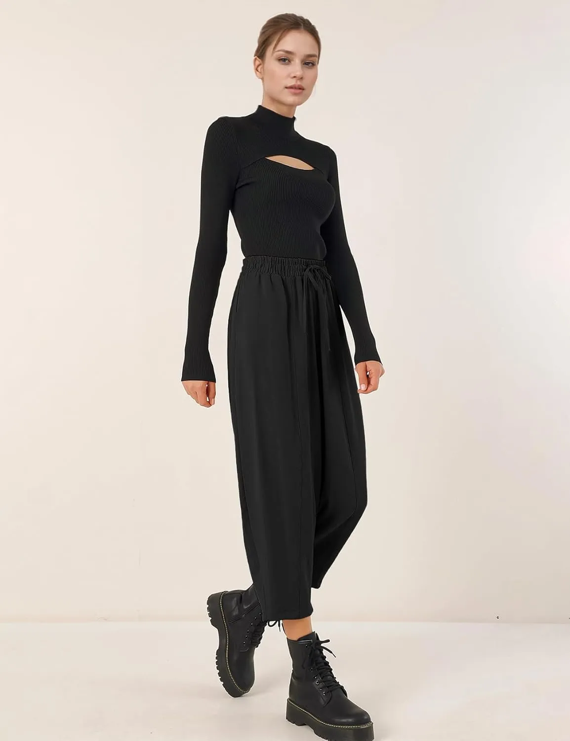 Flygo Women's Wide Leg Baggy Pants Casual Elastic High Waisted Palazzo Harem Slacks Ankle Length Loose Trousers with Pockets