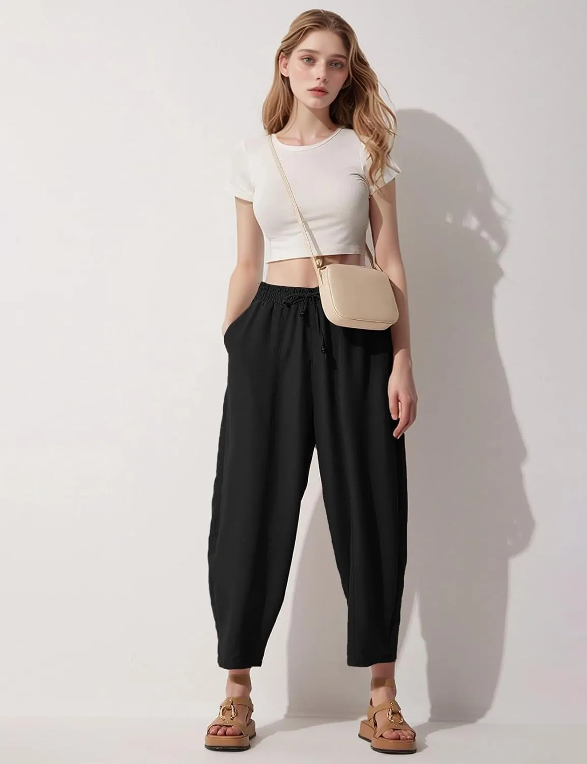 Flygo Women's Wide Leg Baggy Pants Casual Elastic High Waisted Palazzo Harem Slacks Ankle Length Loose Trousers with Pockets