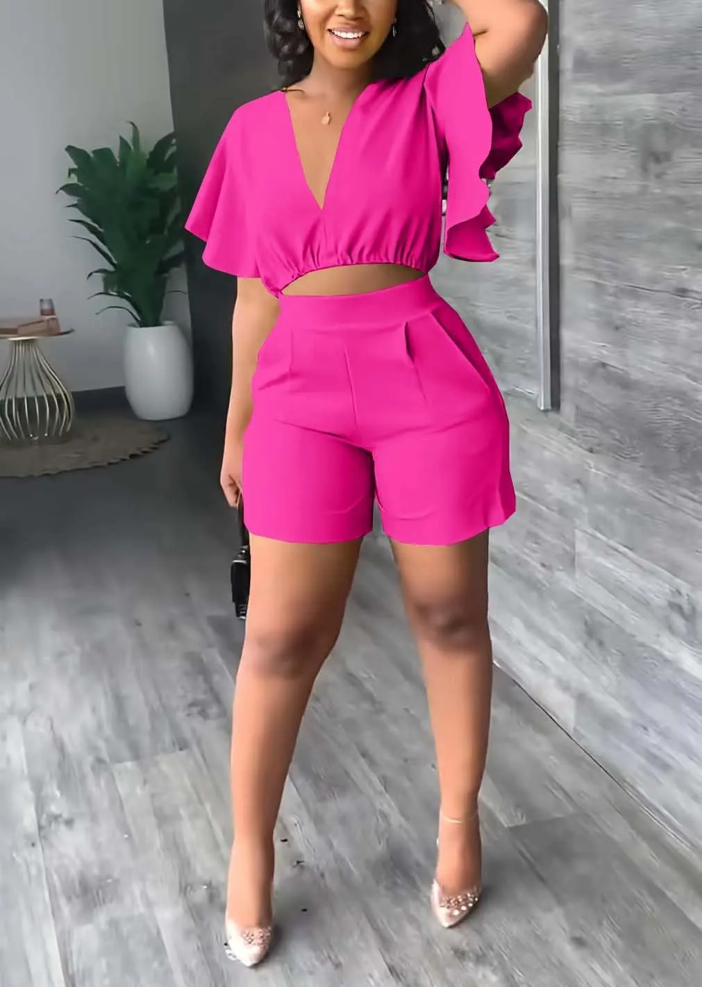 Fooullaide Womens Summer 2 Piece Outfit Set Crop Top Butterfly Sleeve Short Set Sexy Beach Vacation 2pc Sets