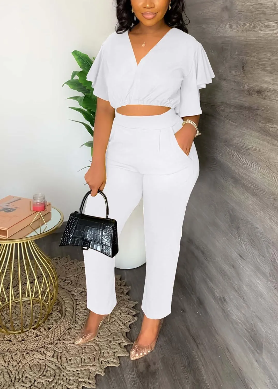 Fooullaide Womens Summer 2 Piece Outfit Set Crop Top Butterfly Sleeve Short Set Sexy Beach Vacation 2pc Sets