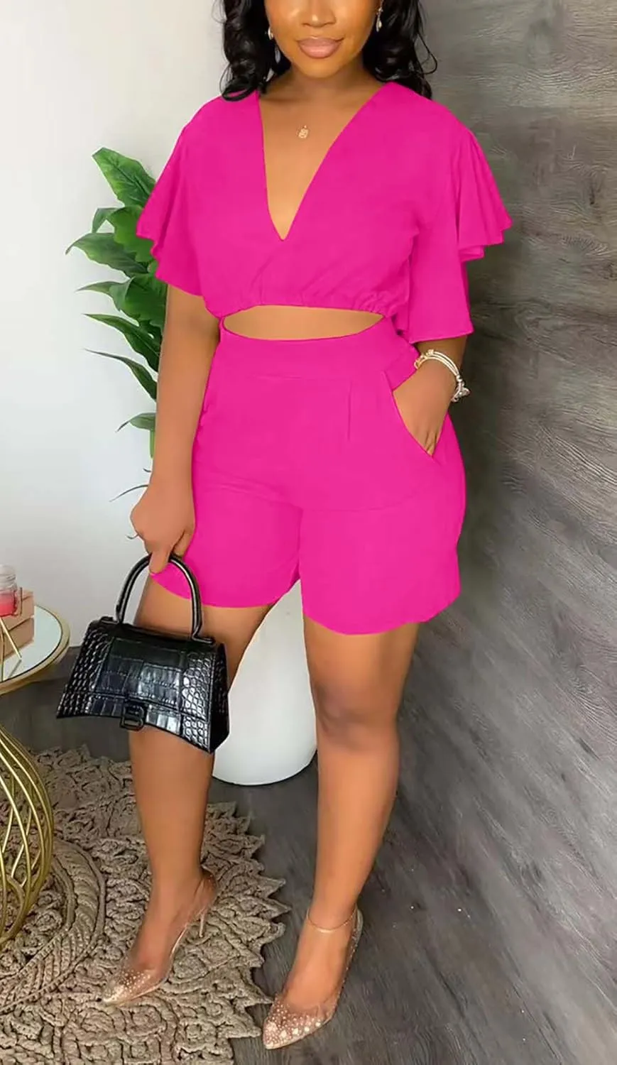Fooullaide Womens Summer 2 Piece Outfit Set Crop Top Butterfly Sleeve Short Set Sexy Beach Vacation 2pc Sets