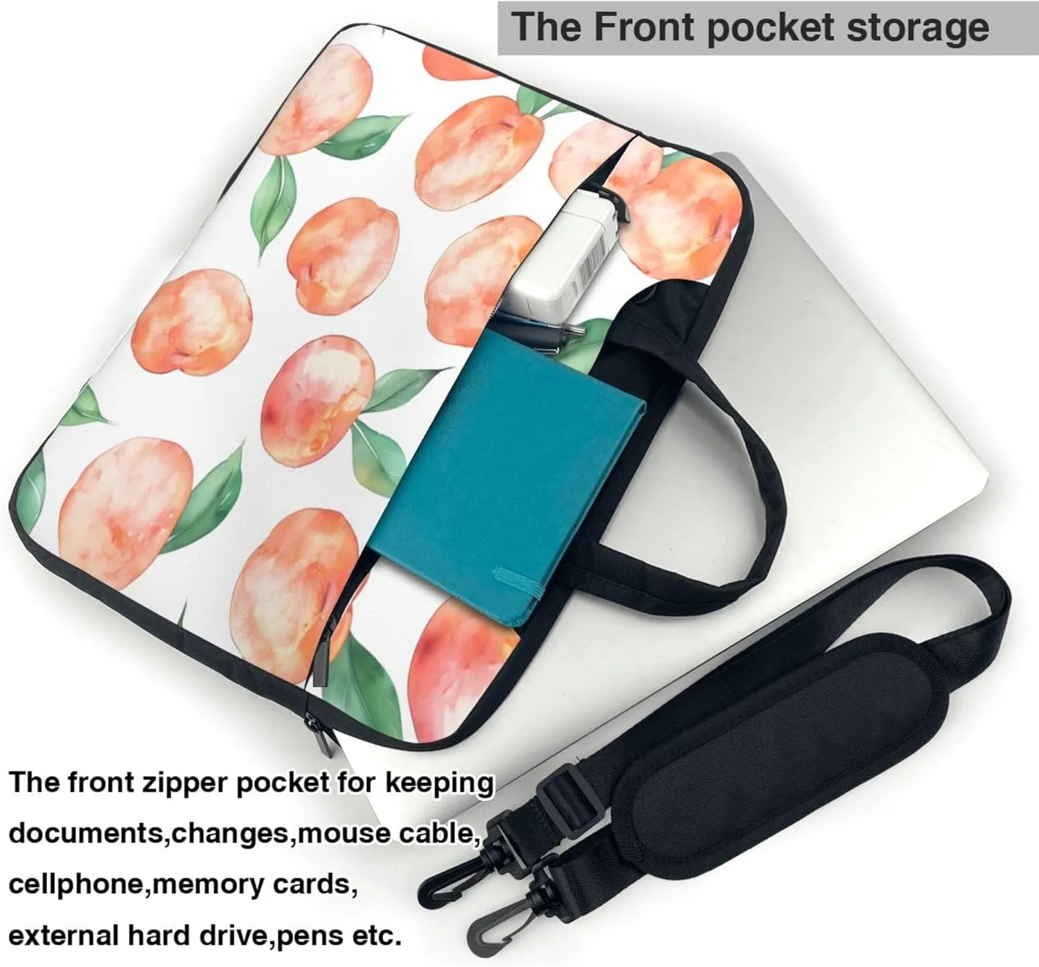 Fruit Peach Pattern Laptop Shoulder Bag for Women, Laptop Sleeve Case Durable Computer Bag