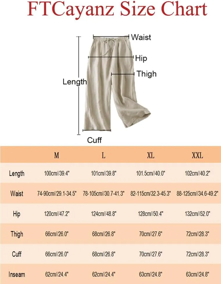 FTCayanz Women's Linen Cropped Wide Leg Pants Elastic Waist Casual Palazzo Trousers with Pockets