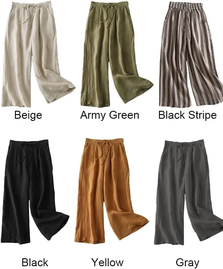 FTCayanz Women's Linen Cropped Wide Leg Pants Elastic Waist Casual Palazzo Trousers with Pockets