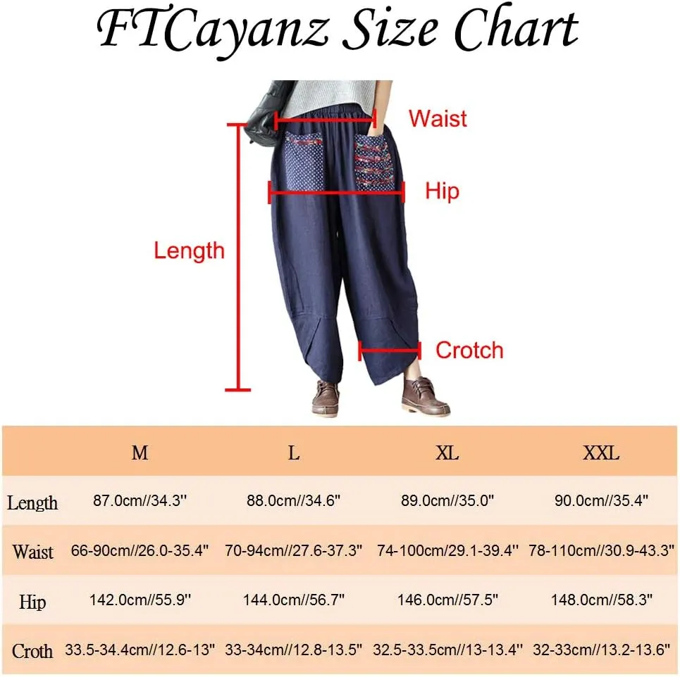 FTCayanz Women's Linen Wide Leg Pants Baggy Tapered Cropped Pants Elastic Waist Trousers
