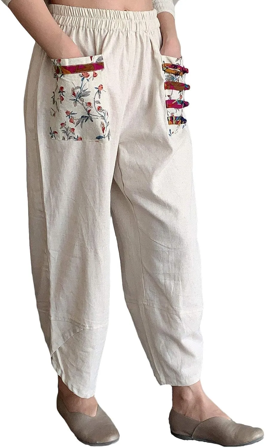 FTCayanz Women's Linen Wide Leg Pants Baggy Tapered Cropped Pants Elastic Waist Trousers