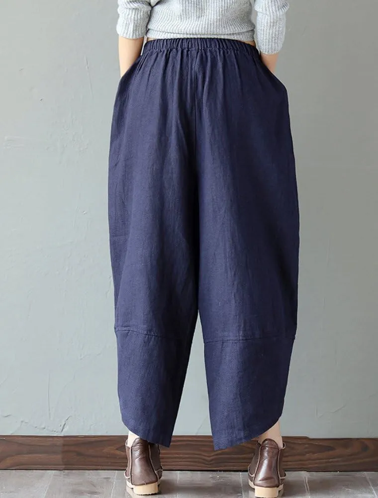 FTCayanz Women's Linen Wide Leg Pants Baggy Tapered Cropped Pants Elastic Waist Trousers
