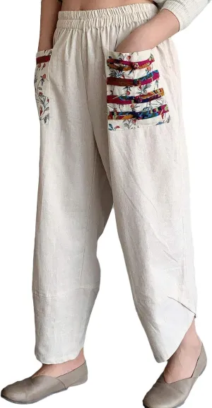 FTCayanz Women's Linen Wide Leg Pants Baggy Tapered Cropped Pants Elastic Waist Trousers