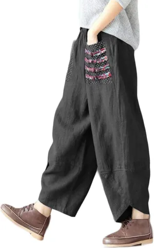 FTCayanz Women's Linen Wide Leg Pants Baggy Tapered Cropped Pants Elastic Waist Trousers
