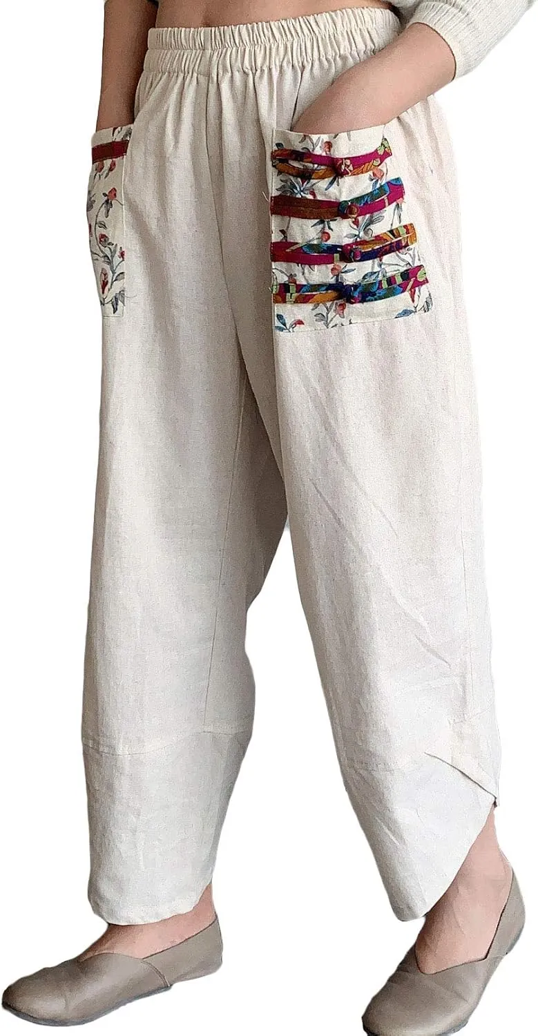 FTCayanz Women's Linen Wide Leg Pants Baggy Tapered Cropped Pants Elastic Waist Trousers