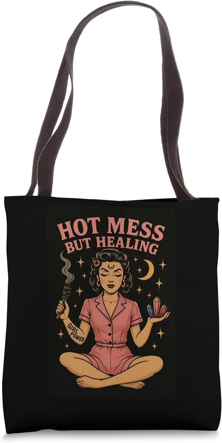 Fun Pin Up Retro GirlPower Meditating with Sage and Crystals Tote Bag