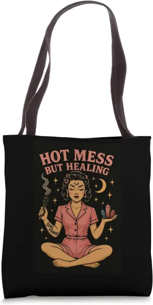 Fun Pin Up Retro GirlPower Meditating with Sage and Crystals Tote Bag