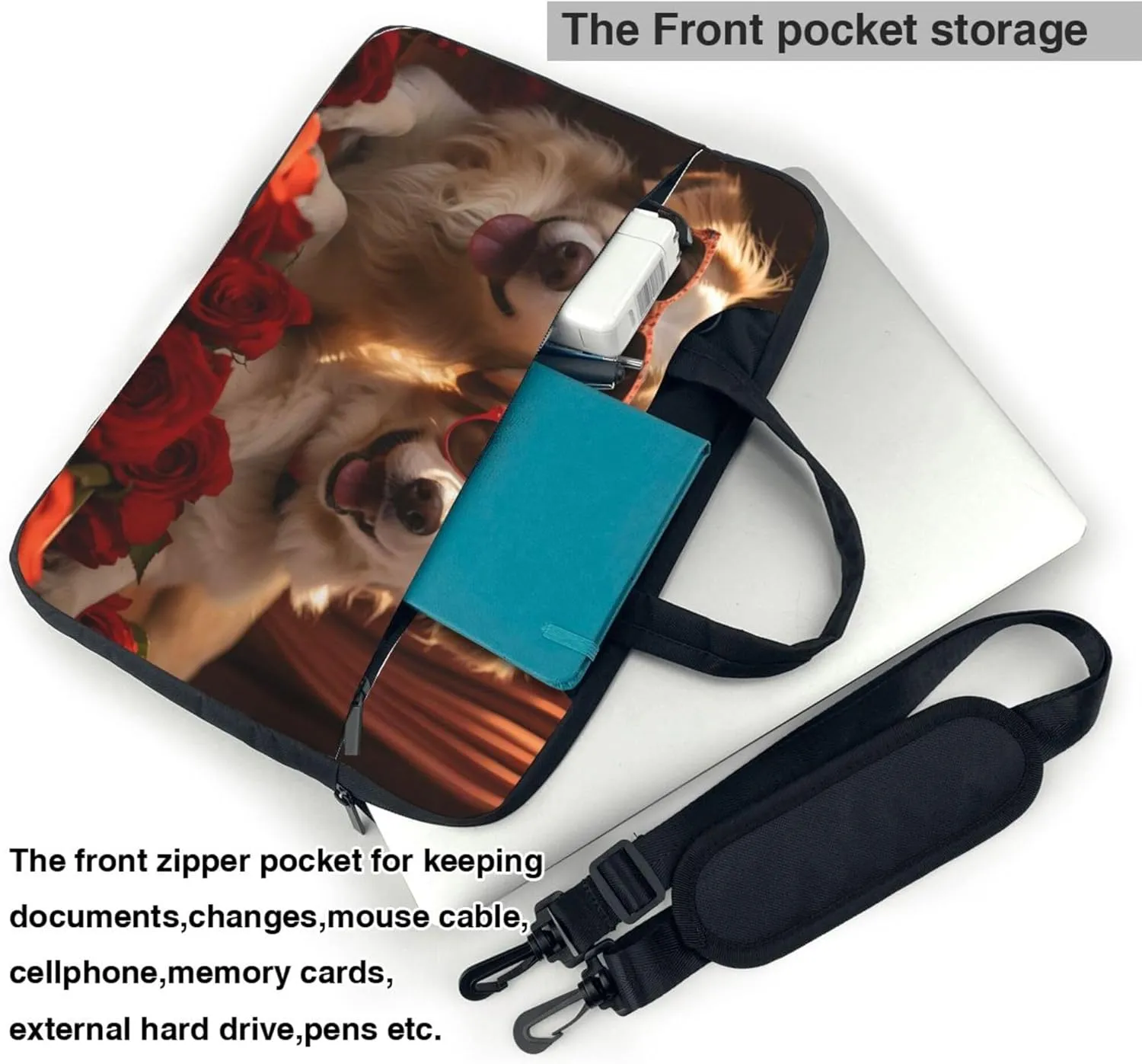 Funny Dog Rose Laptop Shoulder Bag for Women, Laptop Sleeve Case Durable Computer Bag