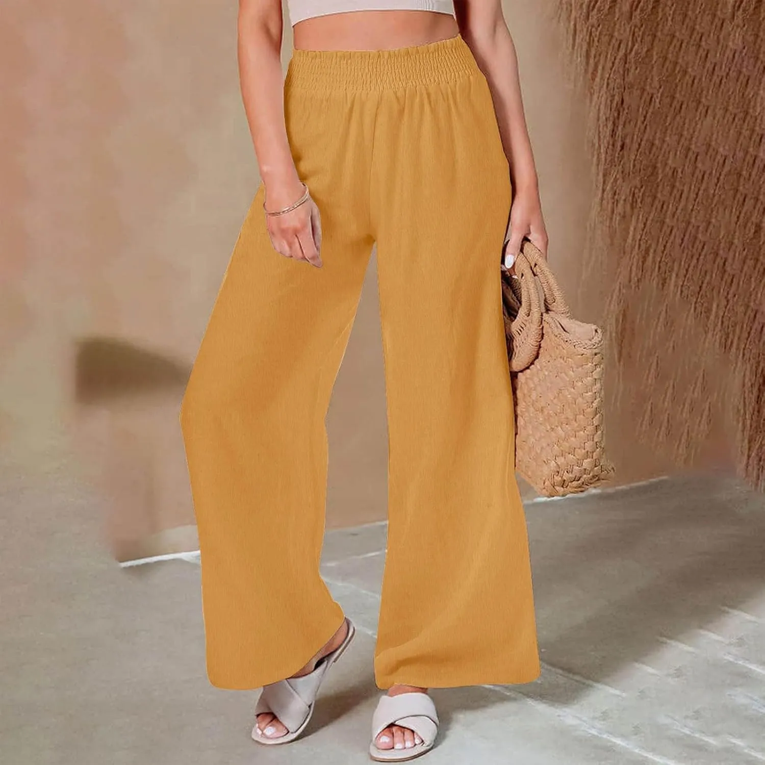 generic Linen Pants Women 2024 Summer Palazzo Flowy Pants Wide Leg Beach Pants High Waist Casual Vacation Trouser with Pocket