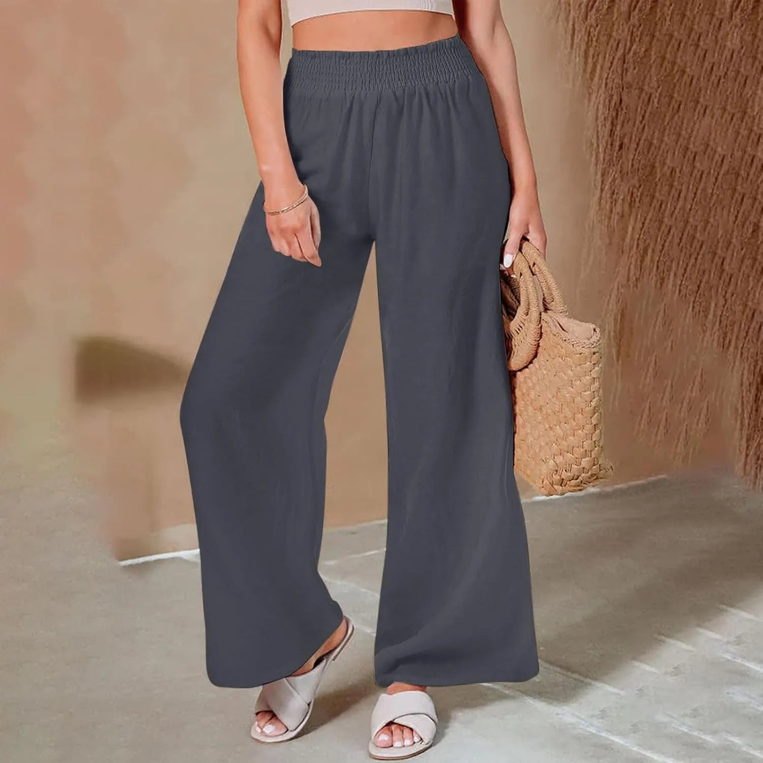 generic Linen Pants Women 2024 Summer Palazzo Flowy Pants Wide Leg Beach Pants High Waist Casual Vacation Trouser with Pocket