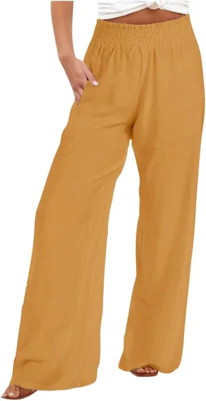 generic Linen Pants Women 2024 Summer Palazzo Flowy Pants Wide Leg Beach Pants High Waist Casual Vacation Trouser with Pocket