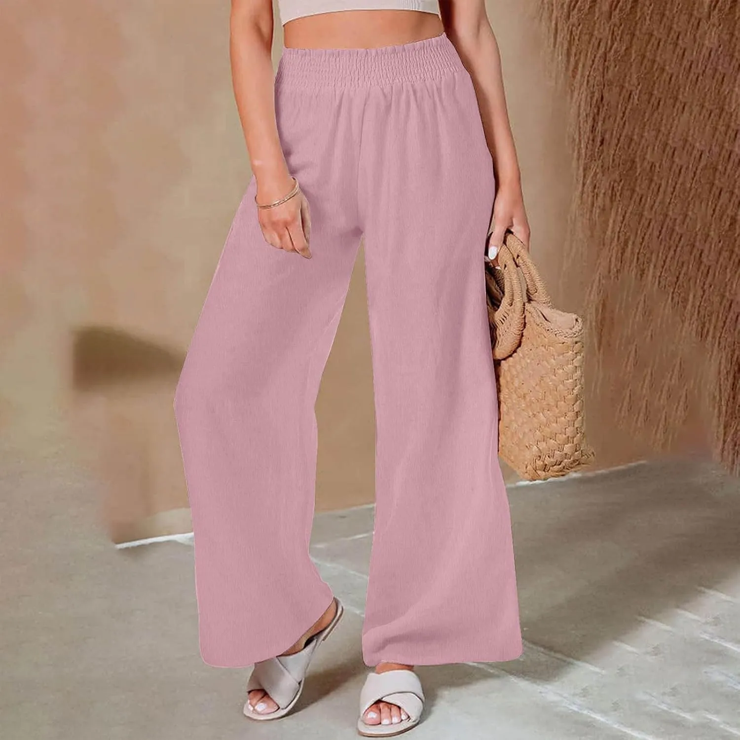 generic Linen Pants Women 2024 Summer Palazzo Flowy Pants Wide Leg Beach Pants High Waist Casual Vacation Trouser with Pocket