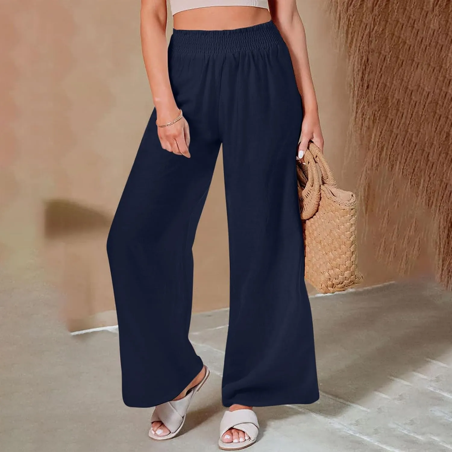 generic Linen Pants Women 2024 Summer Palazzo Flowy Pants Wide Leg Beach Pants High Waist Casual Vacation Trouser with Pocket