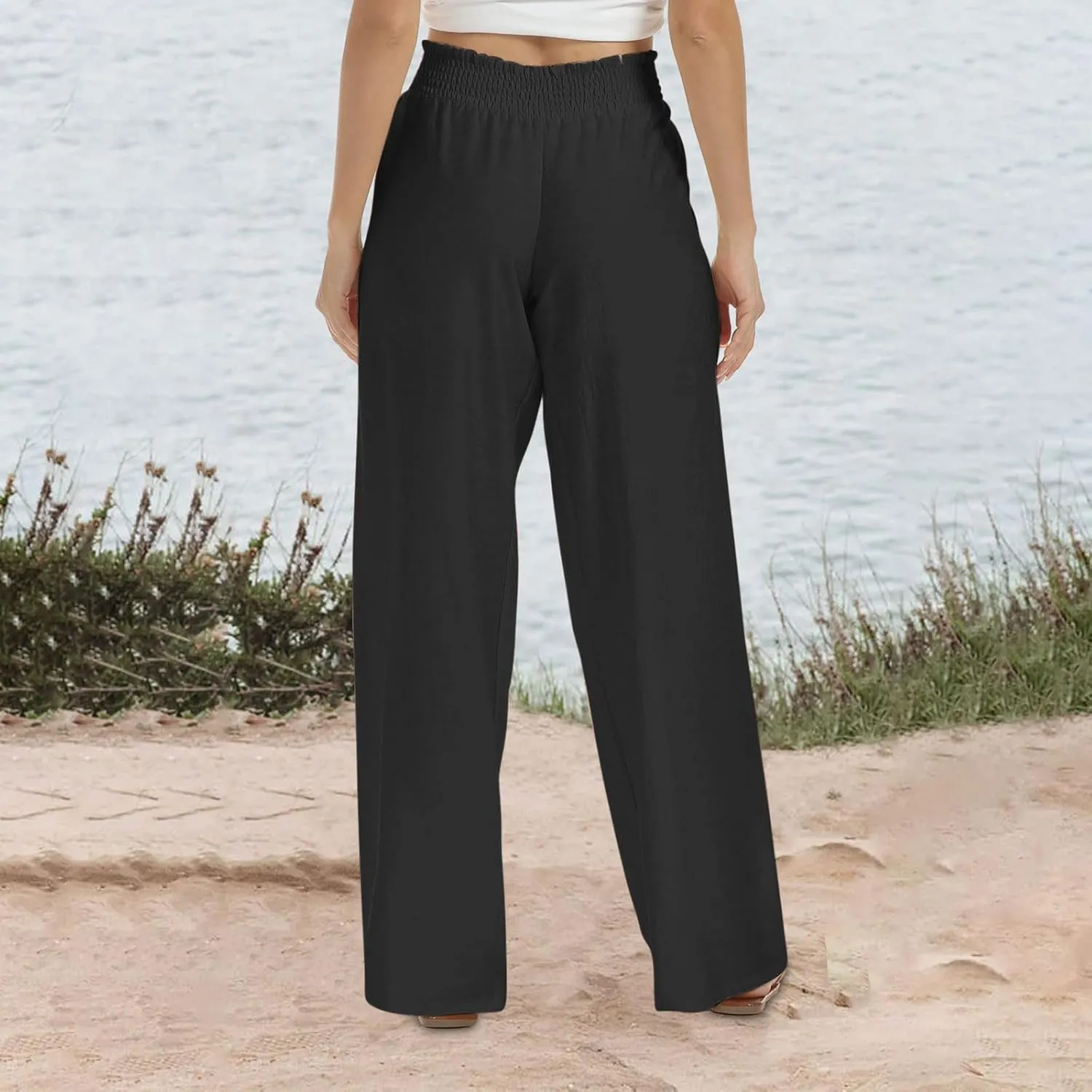 generic Linen Pants Women 2024 Summer Palazzo Flowy Pants Wide Leg Beach Pants High Waist Casual Vacation Trouser with Pocket