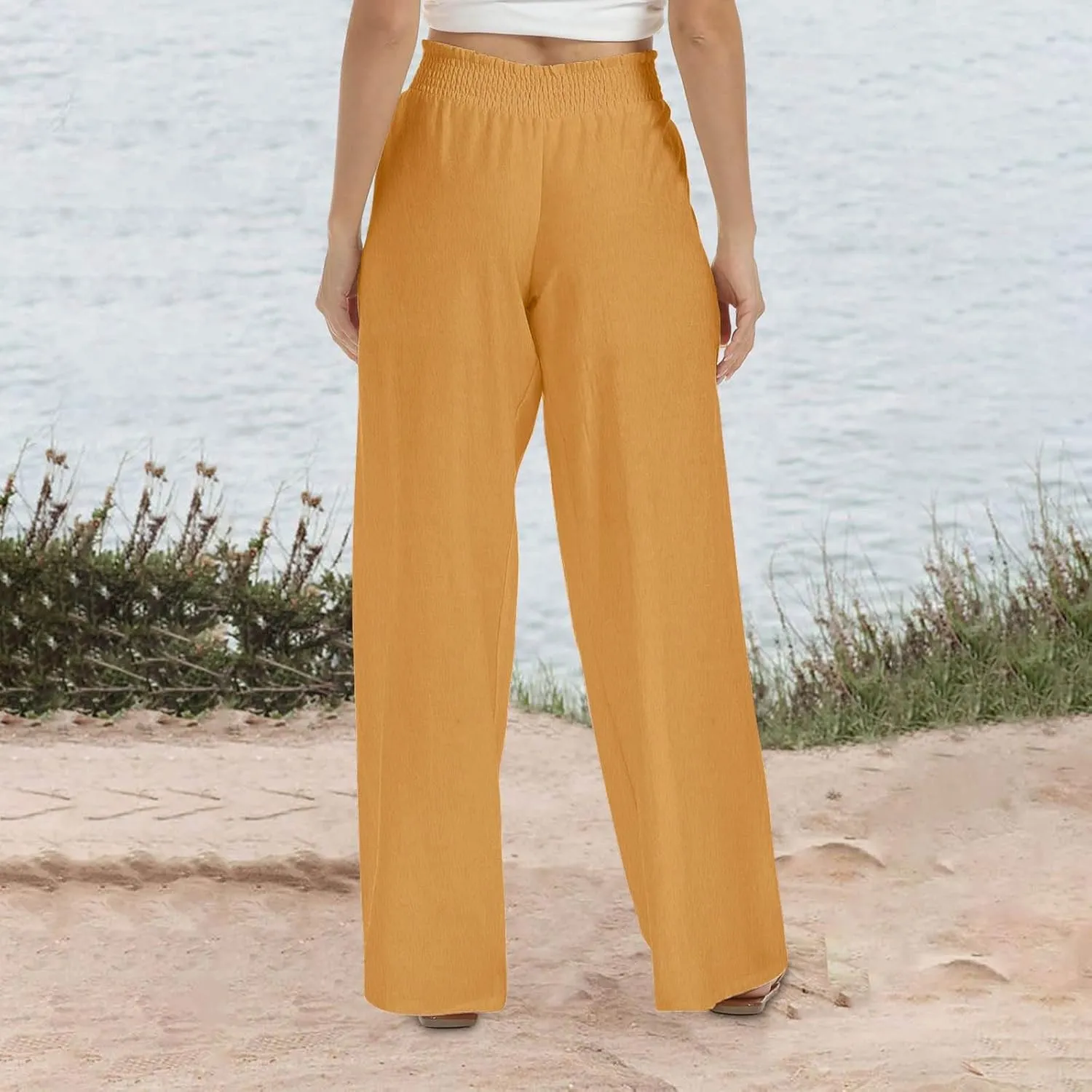 generic Linen Pants Women 2024 Summer Palazzo Flowy Pants Wide Leg Beach Pants High Waist Casual Vacation Trouser with Pocket