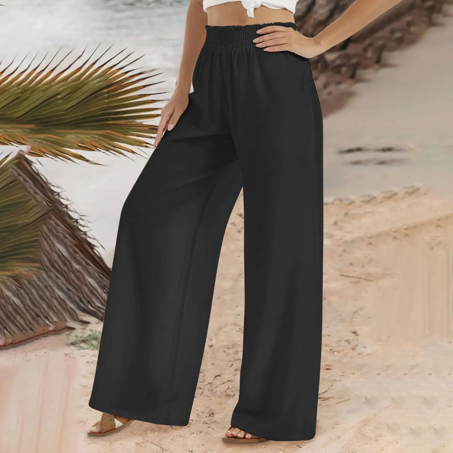 generic Linen Pants Women 2024 Summer Palazzo Flowy Pants Wide Leg Beach Pants High Waist Casual Vacation Trouser with Pocket