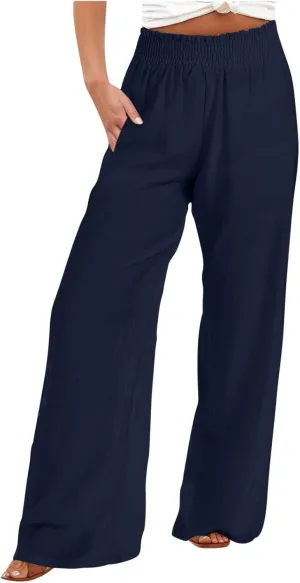 generic Linen Pants Women 2024 Summer Palazzo Flowy Pants Wide Leg Beach Pants High Waist Casual Vacation Trouser with Pocket