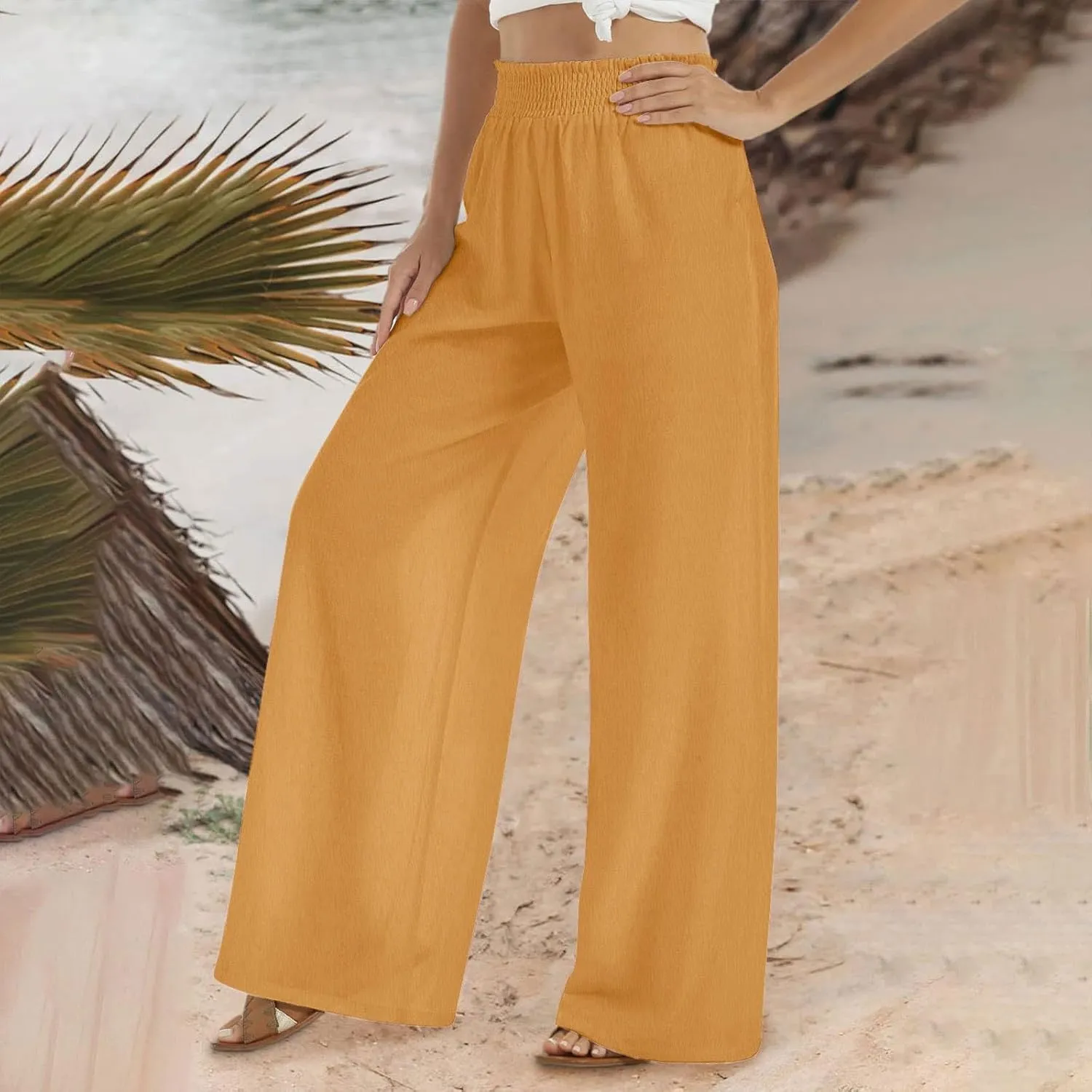 generic Linen Pants Women 2024 Summer Palazzo Flowy Pants Wide Leg Beach Pants High Waist Casual Vacation Trouser with Pocket