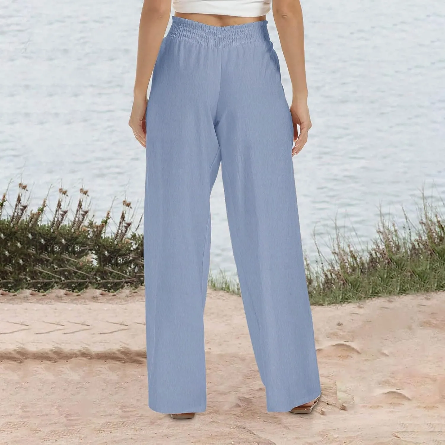 generic Linen Pants Women 2024 Summer Palazzo Flowy Pants Wide Leg Beach Pants High Waist Casual Vacation Trouser with Pocket