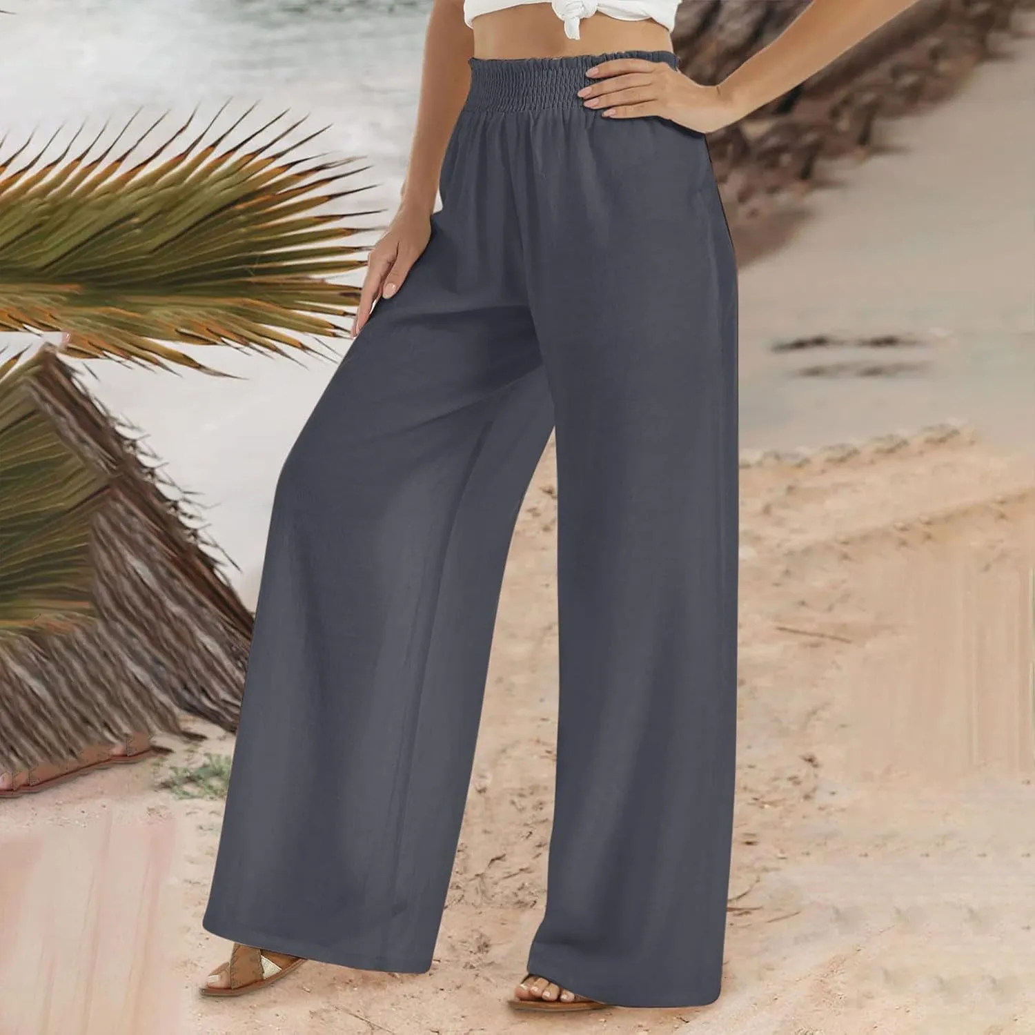 generic Linen Pants Women 2024 Summer Palazzo Flowy Pants Wide Leg Beach Pants High Waist Casual Vacation Trouser with Pocket