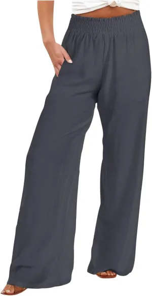 generic Linen Pants Women 2024 Summer Palazzo Flowy Pants Wide Leg Beach Pants High Waist Casual Vacation Trouser with Pocket