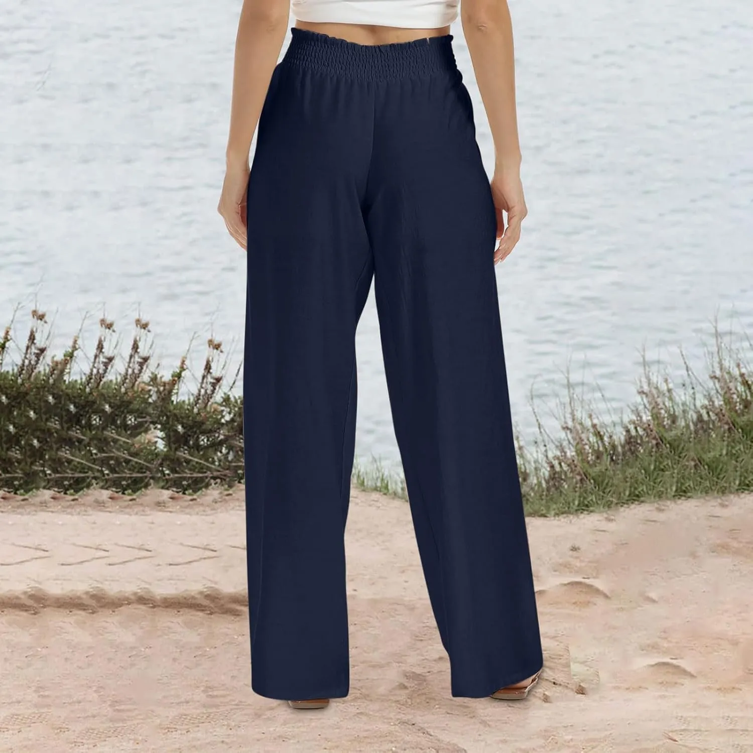 generic Linen Pants Women 2024 Summer Palazzo Flowy Pants Wide Leg Beach Pants High Waist Casual Vacation Trouser with Pocket