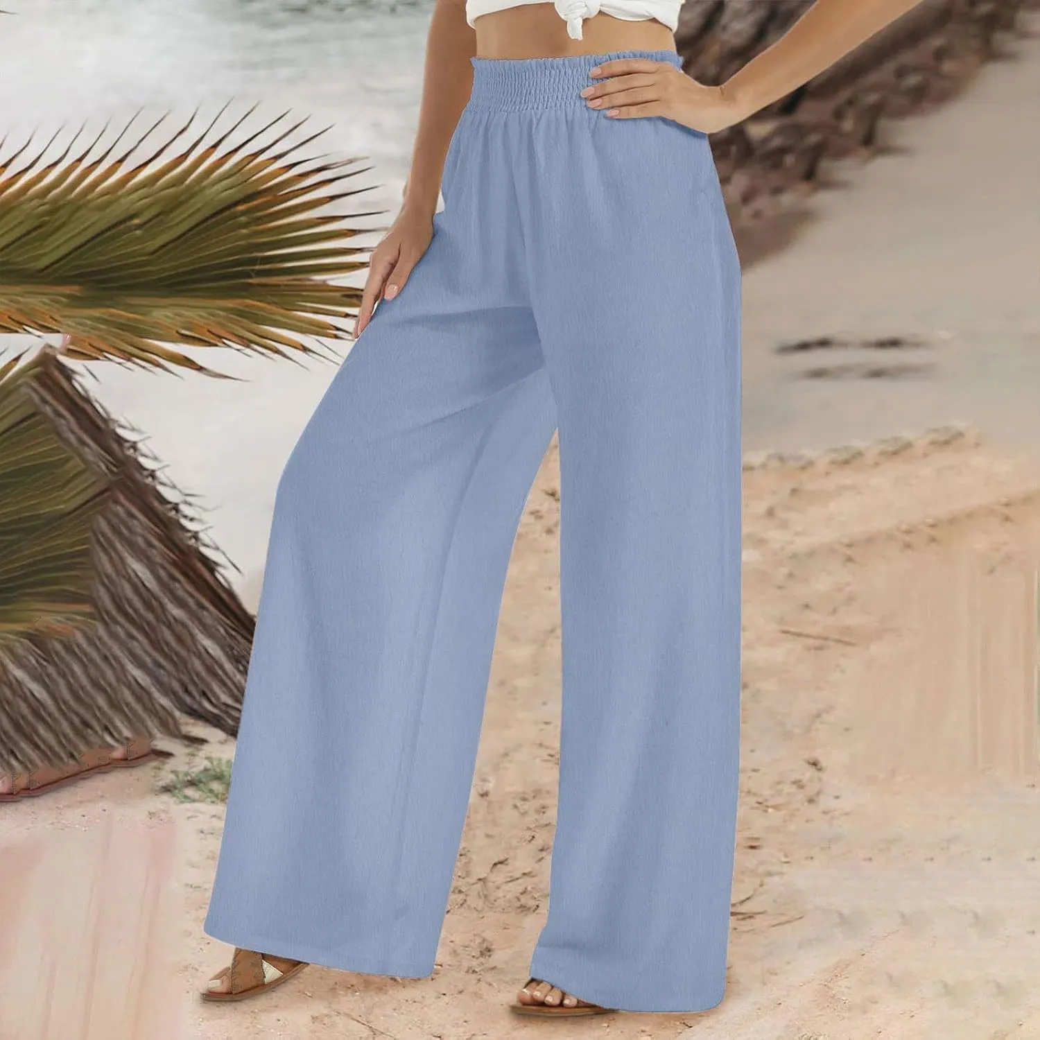 generic Linen Pants Women 2024 Summer Palazzo Flowy Pants Wide Leg Beach Pants High Waist Casual Vacation Trouser with Pocket