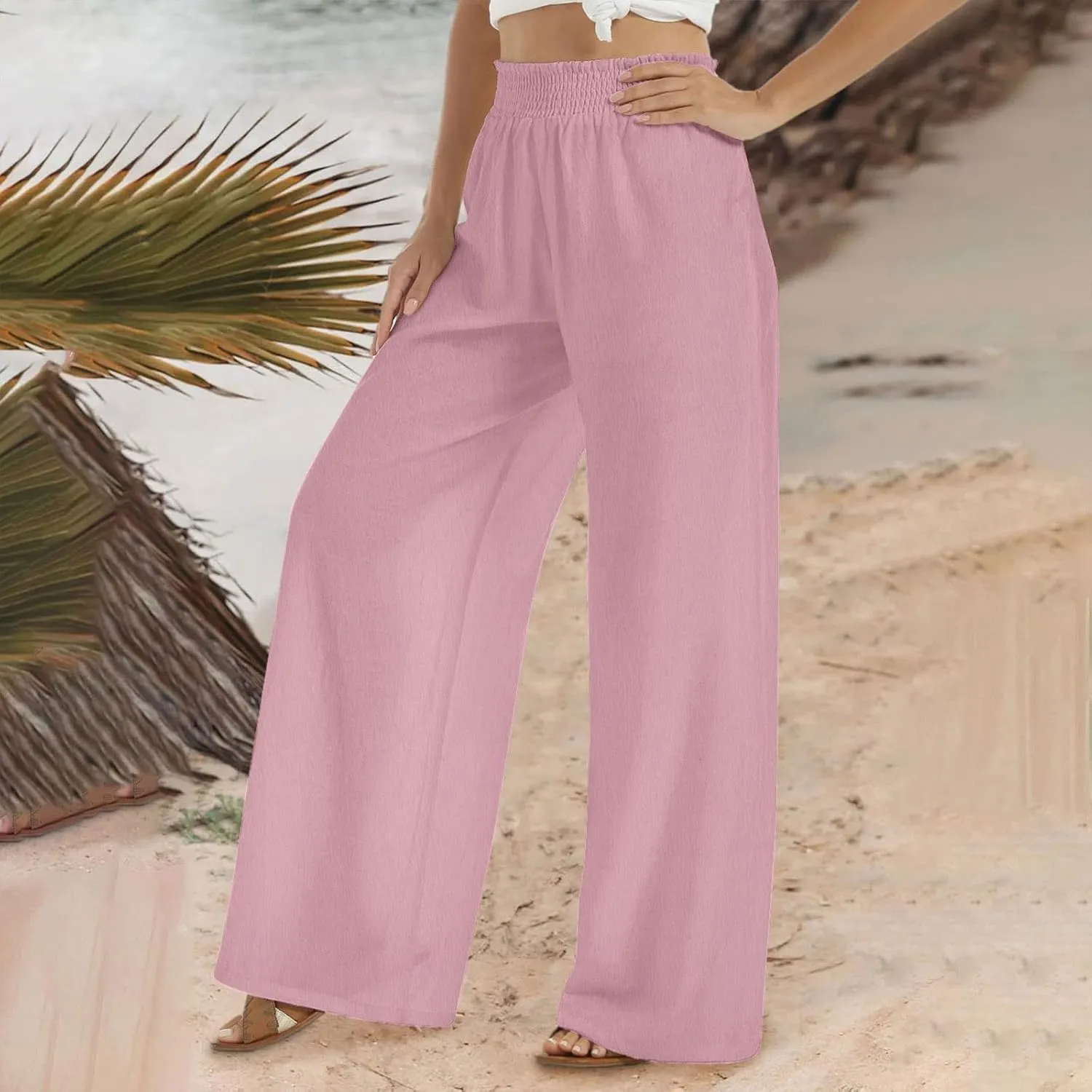 generic Linen Pants Women 2024 Summer Palazzo Flowy Pants Wide Leg Beach Pants High Waist Casual Vacation Trouser with Pocket