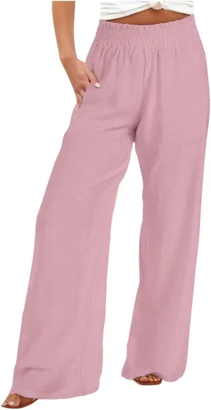 generic Linen Pants Women 2024 Summer Palazzo Flowy Pants Wide Leg Beach Pants High Waist Casual Vacation Trouser with Pocket