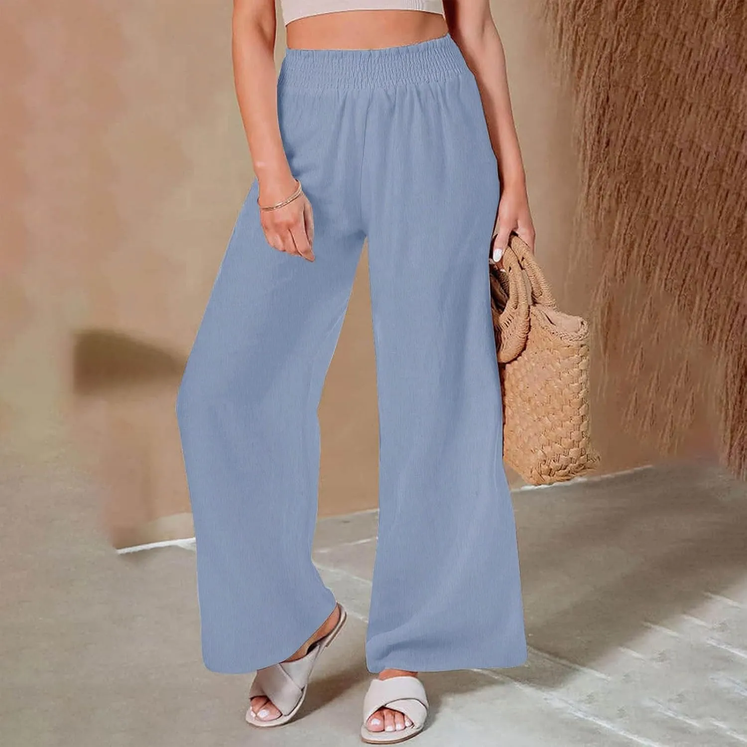 generic Linen Pants Women 2024 Summer Palazzo Flowy Pants Wide Leg Beach Pants High Waist Casual Vacation Trouser with Pocket