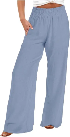 generic Linen Pants Women 2024 Summer Palazzo Flowy Pants Wide Leg Beach Pants High Waist Casual Vacation Trouser with Pocket