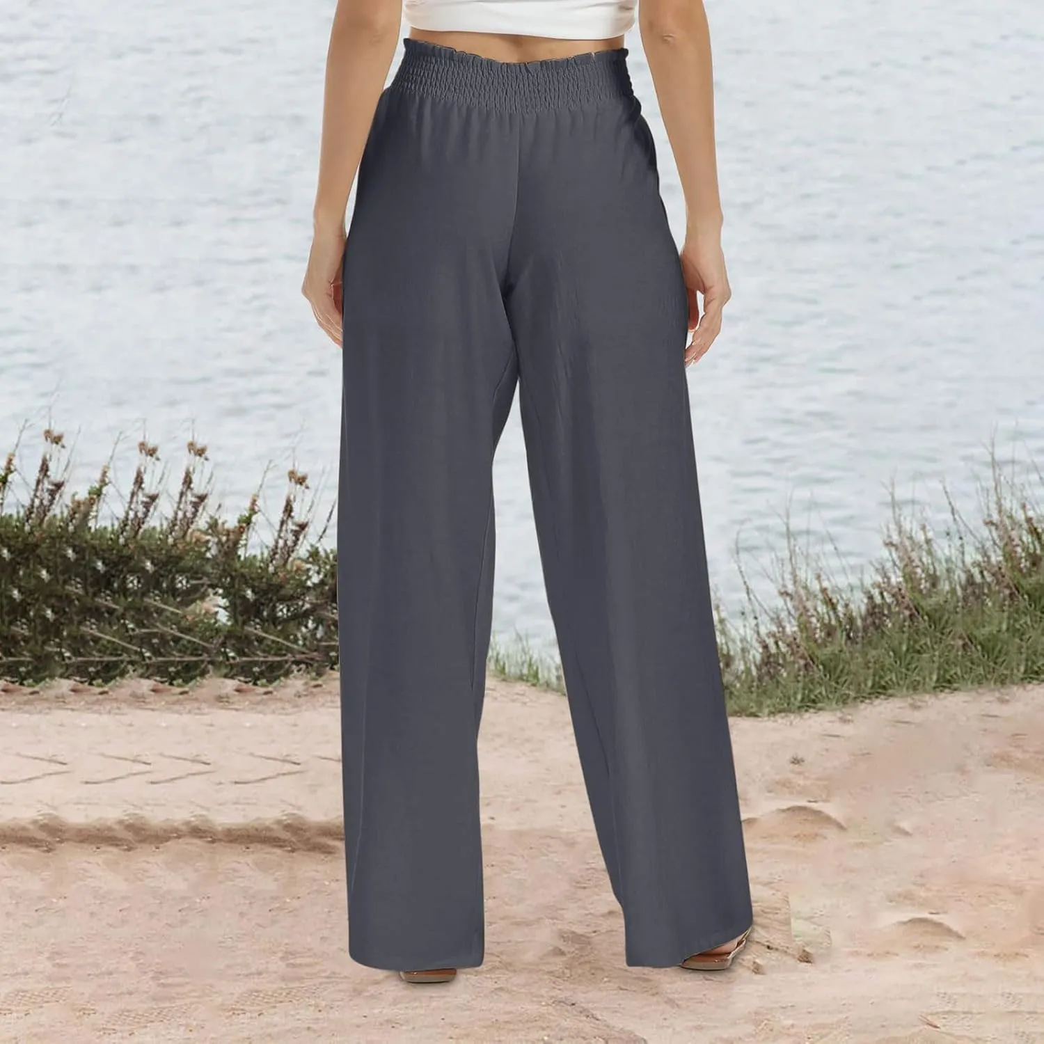 generic Linen Pants Women 2024 Summer Palazzo Flowy Pants Wide Leg Beach Pants High Waist Casual Vacation Trouser with Pocket