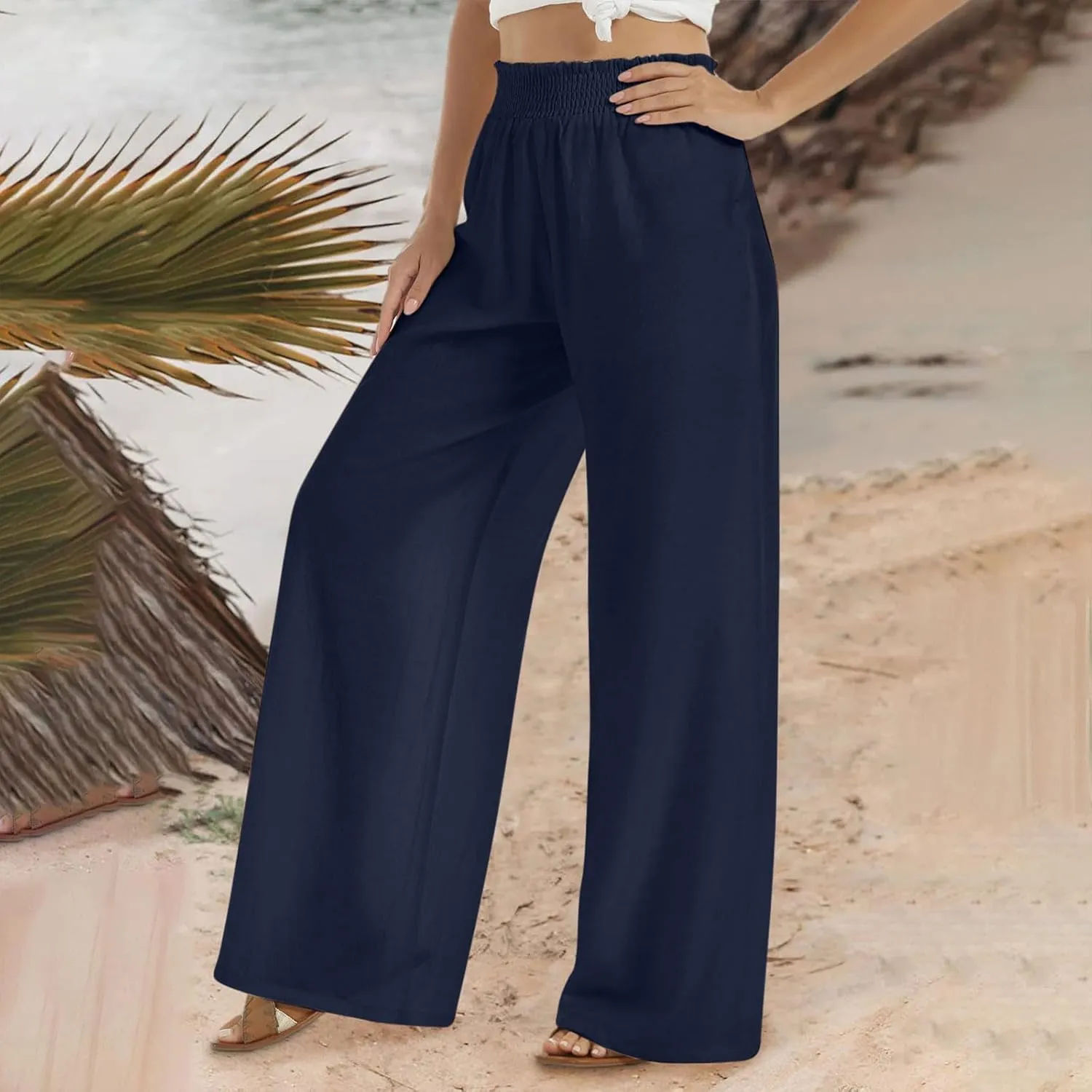generic Linen Pants Women 2024 Summer Palazzo Flowy Pants Wide Leg Beach Pants High Waist Casual Vacation Trouser with Pocket