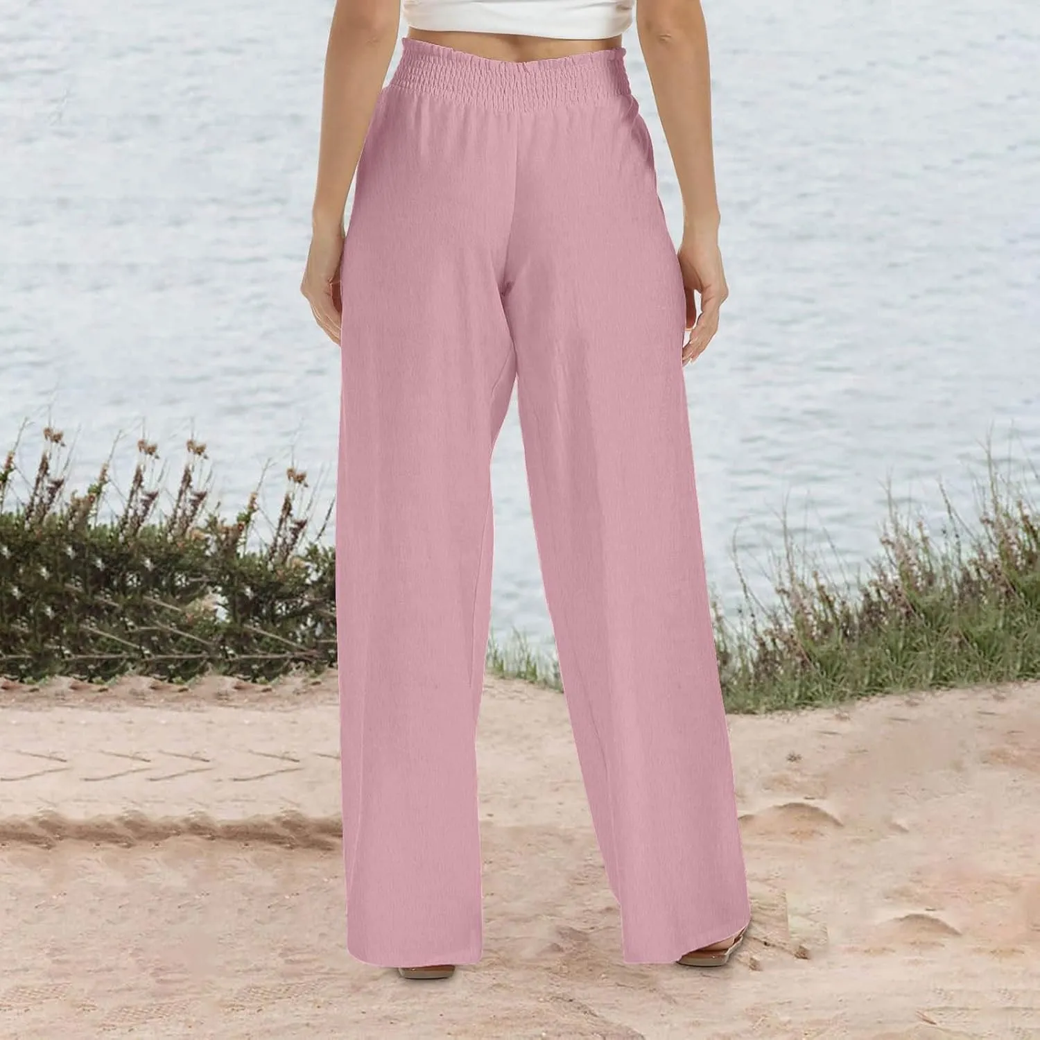 generic Linen Pants Women 2024 Summer Palazzo Flowy Pants Wide Leg Beach Pants High Waist Casual Vacation Trouser with Pocket