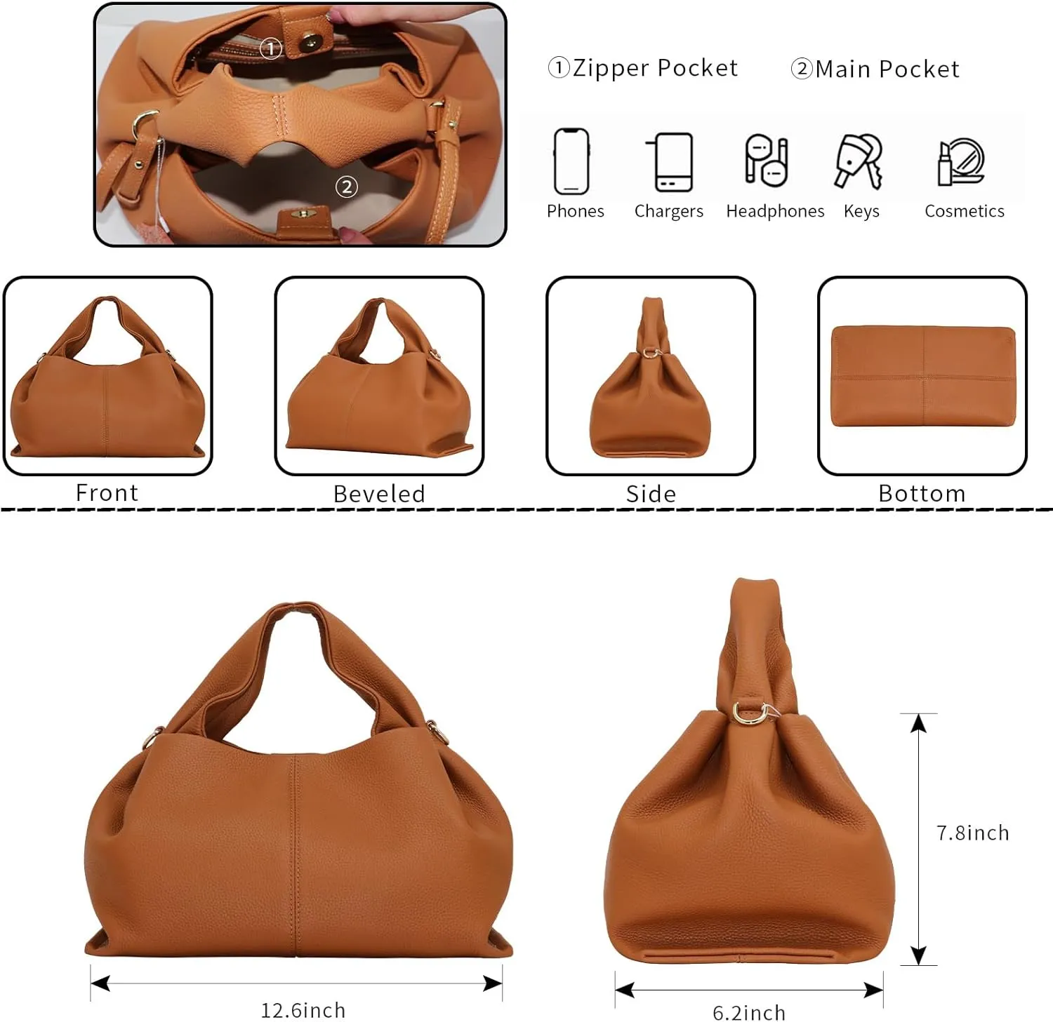 Genuine Leather Retro Shoulder Crossbody Bag for Women, Chic Dumpling Bag and Cute Cloud Handbag for Women