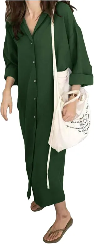 GGUHHU Womens Chic Button Down Rolled-Up Sleeve Long Cotton Blouse Maxi Dress (Large, Dark Green)