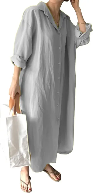 GGUHHU Womens Chic Button Down Rolled-Up Sleeve Long Cotton Blouse Maxi Dress