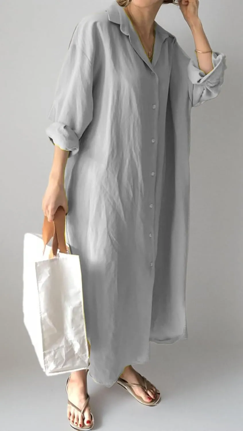 GGUHHU Womens Chic Button Down Rolled-Up Sleeve Long Cotton Blouse Maxi Dress