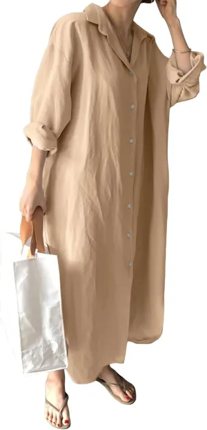 GGUHHU Womens Chic Button Down Rolled-Up Sleeve Long Cotton Blouse Maxi Dress