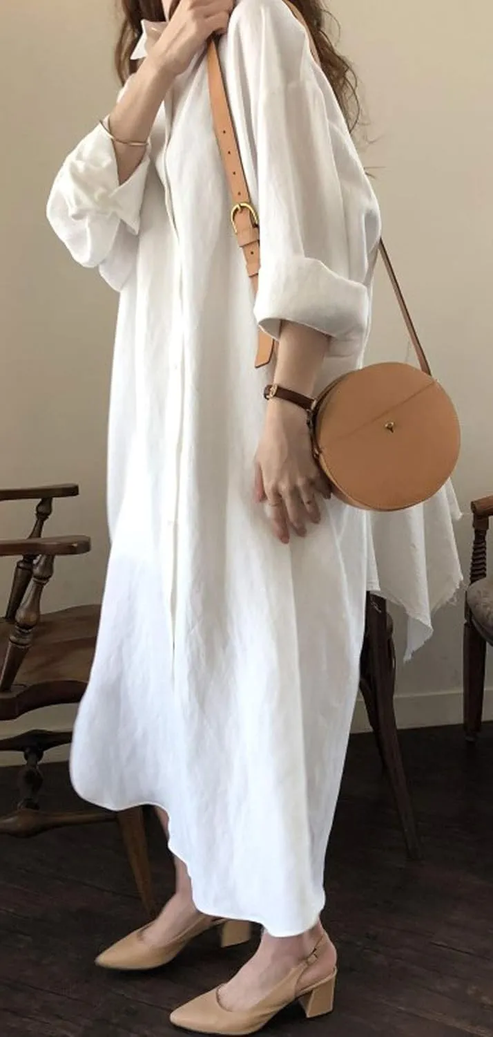 GGUHHU Womens Chic Button Down Rolled-Up Sleeve Long Cotton Blouse Maxi Dress
