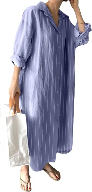 GGUHHU Womens Chic Button Down Rolled-Up Sleeve Long Cotton Blouse Maxi Dress