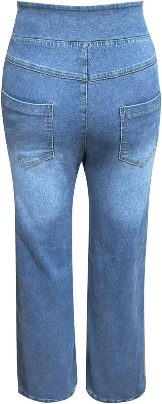 GIERIDUC Stretch Jeans for Women Retro Wide Leg Elastic High Waisted Loose Casual Look Like Jeans Sweatpants with Pockets